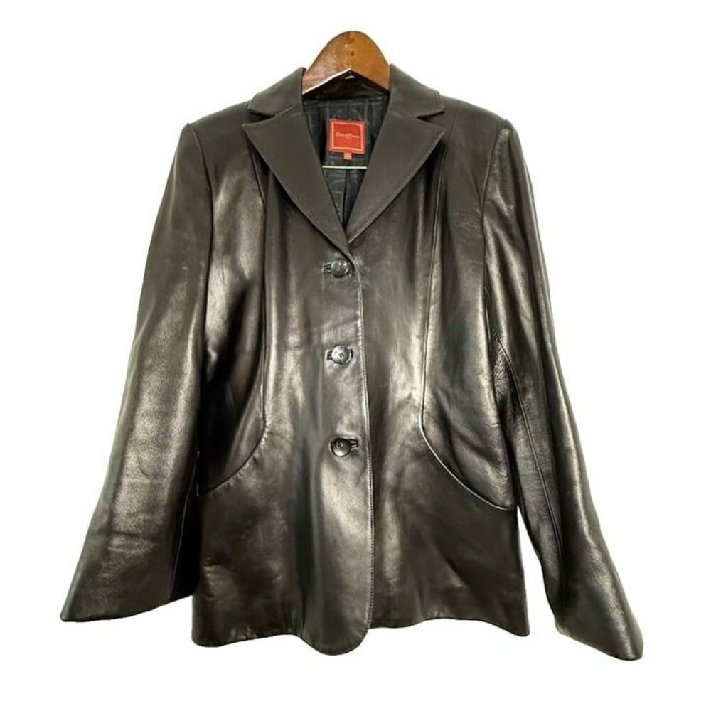 90s Y2K Woman Sz 10 Cole Haan Black Button Lambskin‎ Leather Jacket Blazer
